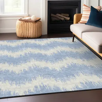 5' X 8' Sky Blue And Ivory Chevron Washable Indoor Outdoor Area Rug
