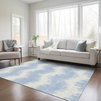 5' X 8' Sky Blue And Ivory Chevron Washable Indoor Outdoor Area Rug