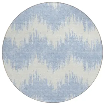 8' Sky Blue And Ivory Round Chevron Washable Indoor Outdoor Area Rug