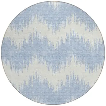 8' Sky Blue And Ivory Round Chevron Washable Indoor Outdoor Area Rug