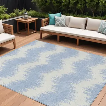 8' X 10' Sky Blue And Ivory Chevron Washable Indoor Outdoor Area Rug