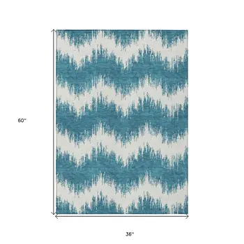 3' X 5' Teal Blue And Ivory Chevron Washable Indoor Outdoor Area Rug
