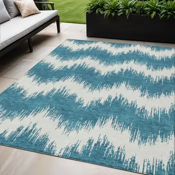 5' X 8' Teal Blue And Ivory Chevron Washable Indoor Outdoor Area Rug