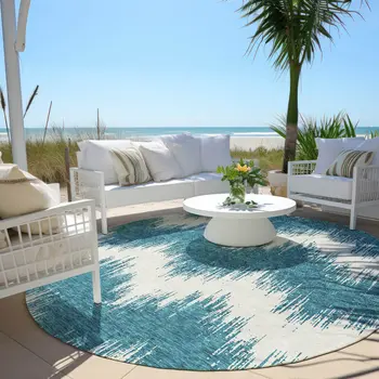 8' Teal Blue And Ivory Round Chevron Washable Indoor Outdoor Area Rug