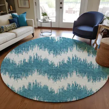 8' Teal Blue And Ivory Round Chevron Washable Indoor Outdoor Area Rug