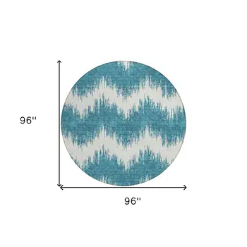 8' Teal Blue And Ivory Round Chevron Washable Indoor Outdoor Area Rug
