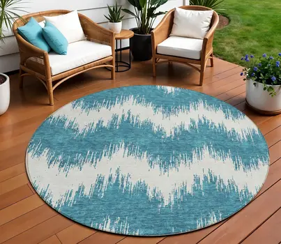 8' Teal Blue And Ivory Round Chevron Washable Indoor Outdoor Area Rug
