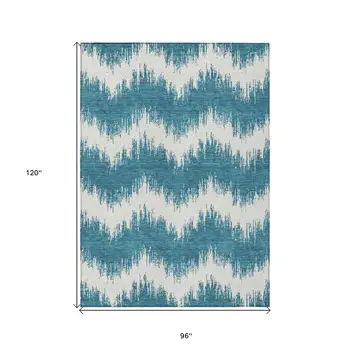 8' X 10' Teal Blue And Ivory Chevron Washable Indoor Outdoor Area Rug