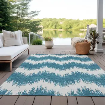 8' X 10' Teal Blue And Ivory Chevron Washable Indoor Outdoor Area Rug
