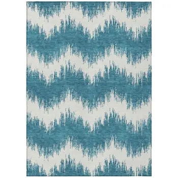 8' X 10' Teal Blue And Ivory Chevron Washable Indoor Outdoor Area Rug