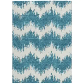 8' X 10' Teal Blue And Ivory Chevron Washable Indoor Outdoor Area Rug