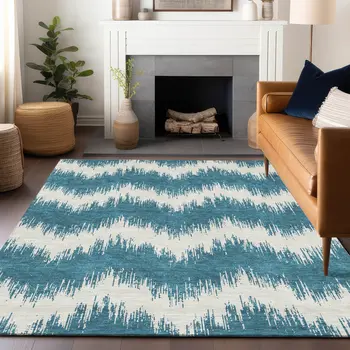 8' X 10' Teal Blue And Ivory Chevron Washable Indoor Outdoor Area Rug