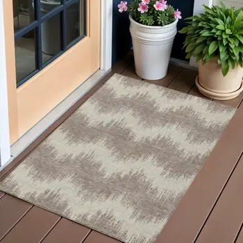 3' X 5' Taupe And Ivory Chevron Washable Indoor Outdoor Area Rug