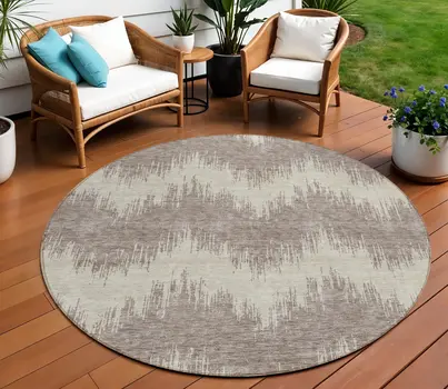 8' Taupe And Ivory Round Chevron Washable Indoor Outdoor Area Rug