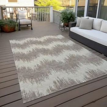 9' X 12' Taupe And Ivory Chevron Washable Indoor Outdoor Area Rug