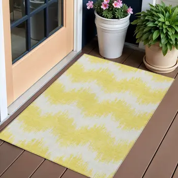 3' X 5' Yellow And Gray Chevron Washable Indoor Outdoor Area Rug