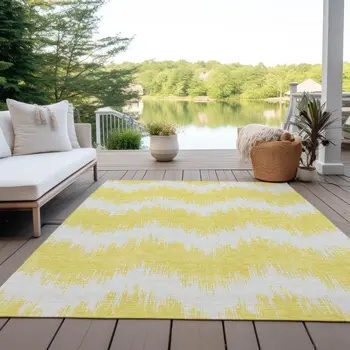 3' X 5' Yellow And Gray Chevron Washable Indoor Outdoor Area Rug