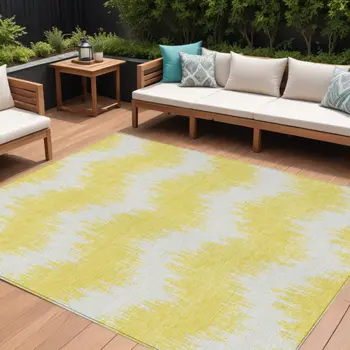 10' X 14' Yellow And Gray Chevron Washable Indoor Outdoor Area Rug