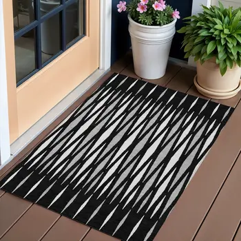 3' X 5' Black Ivory And Gray Geometric Washable Indoor Outdoor Area Rug