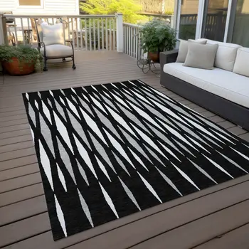 3' X 5' Black Ivory And Gray Geometric Washable Indoor Outdoor Area Rug