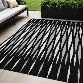 5' X 8' Black Ivory And Gray Geometric Washable Indoor Outdoor Area Rug