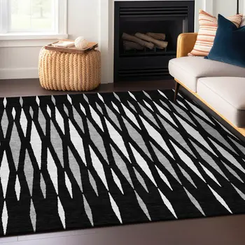 5' X 8' Black Ivory And Gray Geometric Washable Indoor Outdoor Area Rug