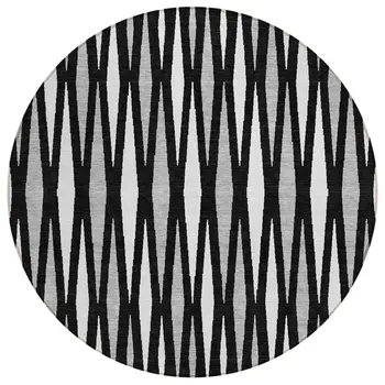 8' Black Ivory And Gray Round Geometric Washable Indoor Outdoor Area Rug