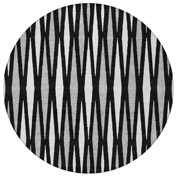 8' Black Ivory And Gray Round Geometric Washable Indoor Outdoor Area Rug