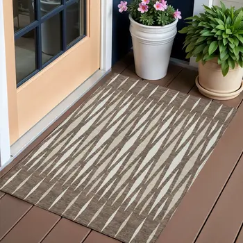 3' X 5' Brown And Ivory Geometric Washable Indoor Outdoor Area Rug