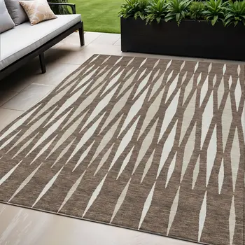 5' X 8' Brown And Ivory Geometric Washable Indoor Outdoor Area Rug
