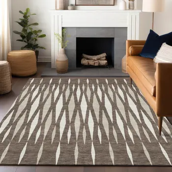 5' X 8' Brown And Ivory Geometric Washable Indoor Outdoor Area Rug