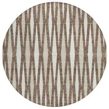 8' Brown And Ivory Round Geometric Washable Indoor Outdoor Area Rug