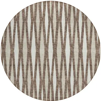 8' Brown And Ivory Round Geometric Washable Indoor Outdoor Area Rug