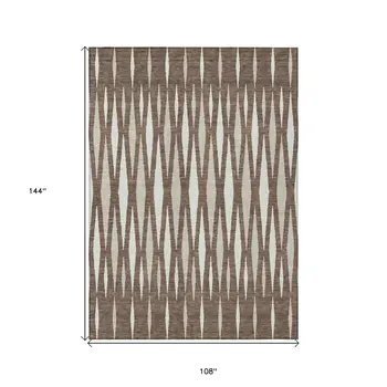 9' X 12' Brown And Ivory Geometric Washable Indoor Outdoor Area Rug
