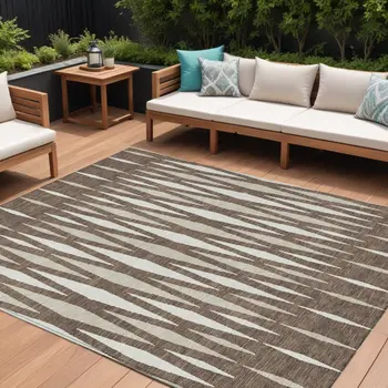 9' X 12' Brown And Ivory Geometric Washable Indoor Outdoor Area Rug
