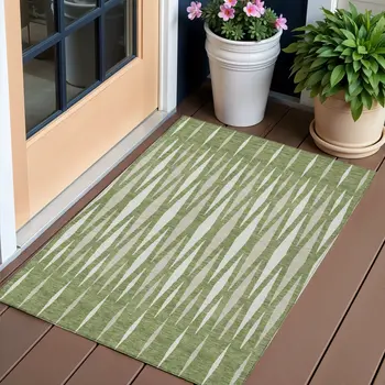 3' X 5' Green And Ivory Geometric Washable Indoor Outdoor Area Rug