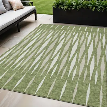 5' X 8' Green And Ivory Geometric Washable Indoor Outdoor Area Rug