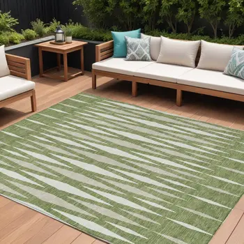 8' X 10' Green And Ivory Geometric Washable Indoor Outdoor Area Rug