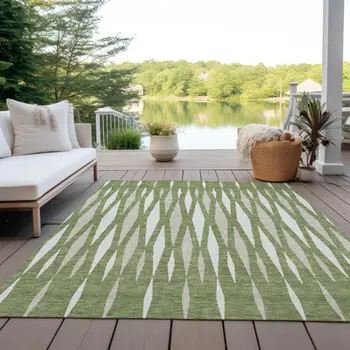 8' X 10' Green And Ivory Geometric Washable Indoor Outdoor Area Rug