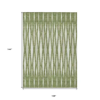9' X 12' Green And Ivory Geometric Washable Indoor Outdoor Area Rug