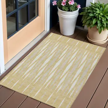 3' X 5' Gold Gray And Ivory Geometric Washable Indoor Outdoor Area Rug