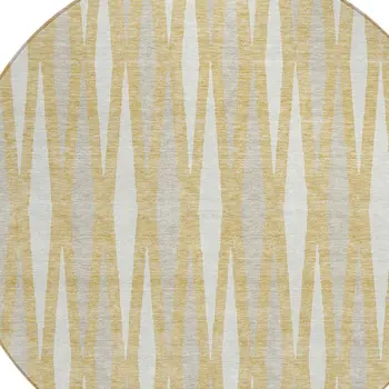 8' Gold Gray And Ivory Round Geometric Washable Indoor Outdoor Area Rug