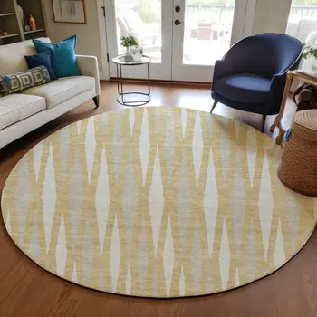 8' Gold Gray And Ivory Round Geometric Washable Indoor Outdoor Area Rug