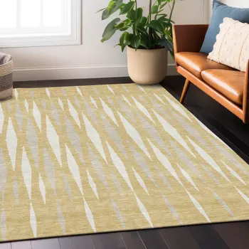 9' X 12' Gold Gray And Ivory Geometric Washable Indoor Outdoor Area Rug