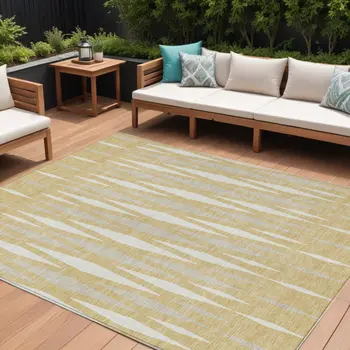 10' X 14' Gold Gray And Ivory Geometric Washable Indoor Outdoor Area Rug