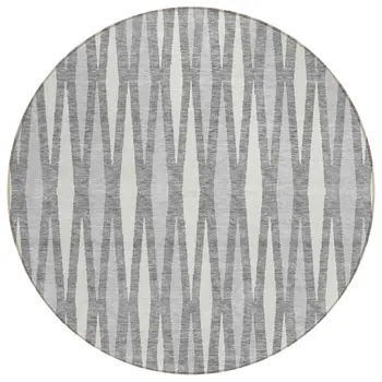 8' Gray And Ivory Round Geometric Washable Indoor Outdoor Area Rug
