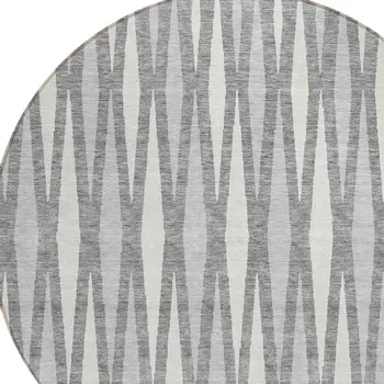 8' Gray And Ivory Round Geometric Washable Indoor Outdoor Area Rug