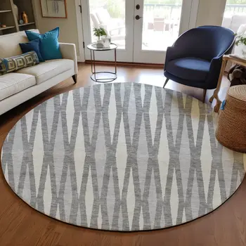 8' Gray And Ivory Round Geometric Washable Indoor Outdoor Area Rug