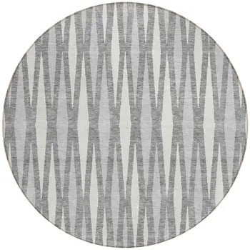 8' Gray And Ivory Round Geometric Washable Indoor Outdoor Area Rug