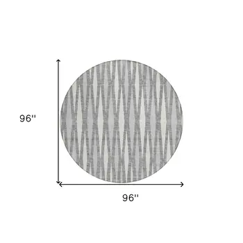 8' Gray And Ivory Round Geometric Washable Indoor Outdoor Area Rug